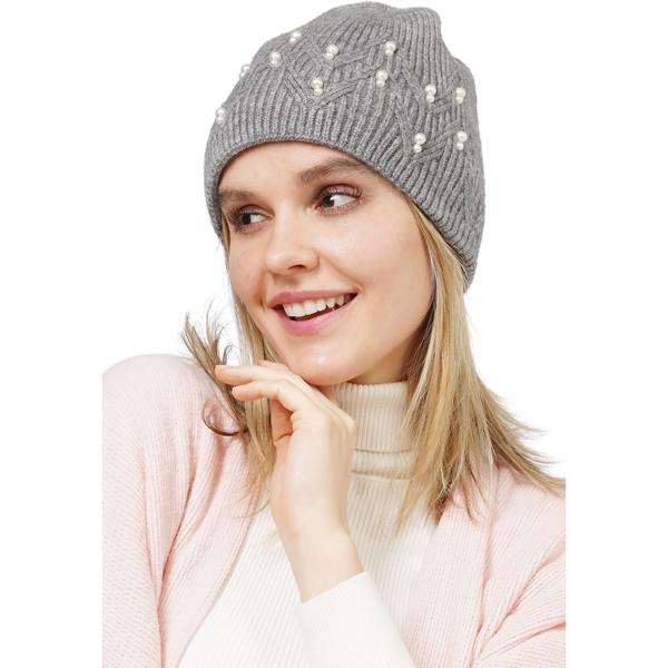 wholesale 3114 - Winter Knit Hats 10666 - Light Grey<br>
Pearl Deco Knitted Beanie
 - One Size Fits Most