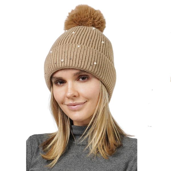 wholesale 3114 - Winter Knit Hats 10868 - Taupe
Pearl Deco Knitted PomPom Beanie - One Size Fits Most