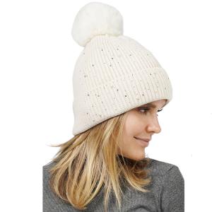 Wholesale 3114 - Winter Knit Hats 10868 - Ivory
Pearl Deco Knitted PomPom Beanie - One Size Fits Most