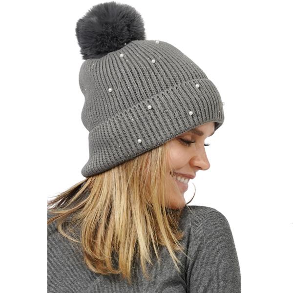 wholesale 3114 - Winter Knit Hats 10868 - Grey
Pearl Deco Knitted PomPom Beanie - One Size Fits Most