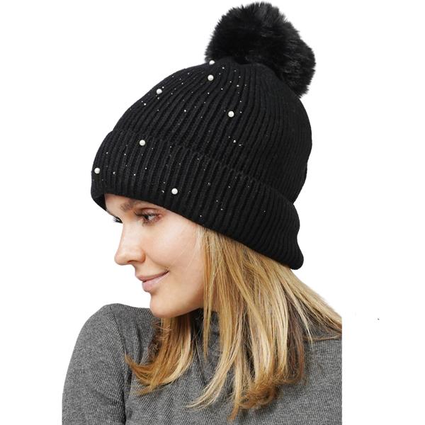 wholesale 3114 - Winter Knit Hats 10868 - Black
Pearl Deco Knitted PomPom Beanie - One Size Fits Most