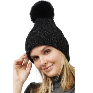 3114 - Winter Knit Hats 10875 - Black<br>
Lurex Ribbed Knitted Pompom Beanie - One Size Fits Most