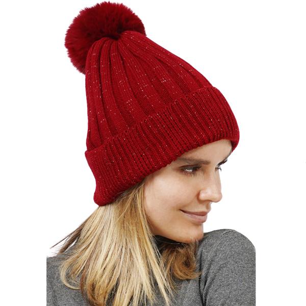 wholesale 3114 - Winter Knit Hats 10875 - Burgundy<br>
Lurex Ribbed Knitted Pompom Beanie - One Size Fits Most