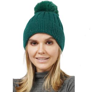 3114 - Winter Knit Hats 10875 - Green<br>
Lurex Ribbed Knitted Pompom Beanie - One Size Fits Most