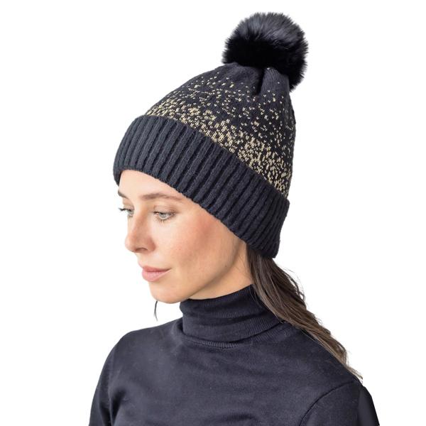 wholesale 3114 - Winter Knit Hats 1067BK<br>Black/w Gold Sprinkles<br>
Pom Beanie/Fur Lining   - One Size Fits Most