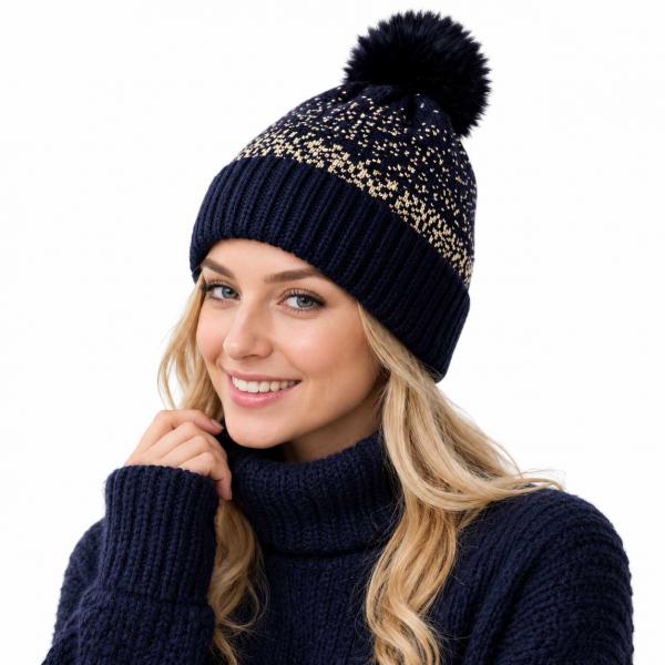 wholesale 3114 - Winter Hats 1067BK<br>Lined Black/w Gold Sprinkles<br>
Pom Beanie/Fur Lining   - One Size Fits Most