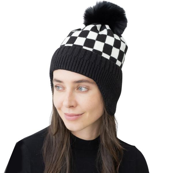 wholesale 3114 - Winter Knit Hats 1019BK<br>Black Checkerboard with Ear Flap<br>
Pom Beanie/Fur Lining   - One Size Fits Most