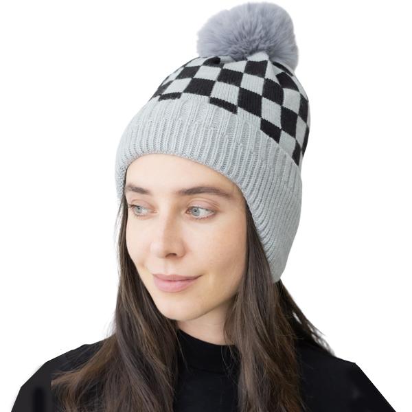 wholesale 3114 - Winter Knit Hats 1019GE<br>Grey Checkerboard with Ear Flap<br>
Pom Beanie/Fur Lining   - One Size Fits Most