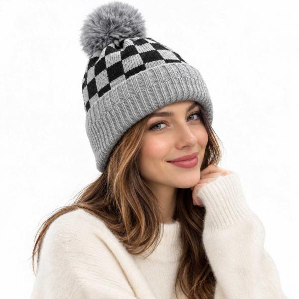 wholesale 3114 - Winter Hats 1019/Grey<br>
Checkerboard with Ear Flap
 - One Size Fits Most