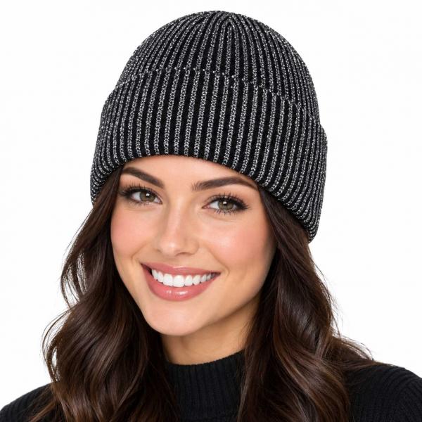 wholesale 3114 - Winter Hats 1094 - Black<br>
Metallic Ribbed Beanie - One Size Fits Most