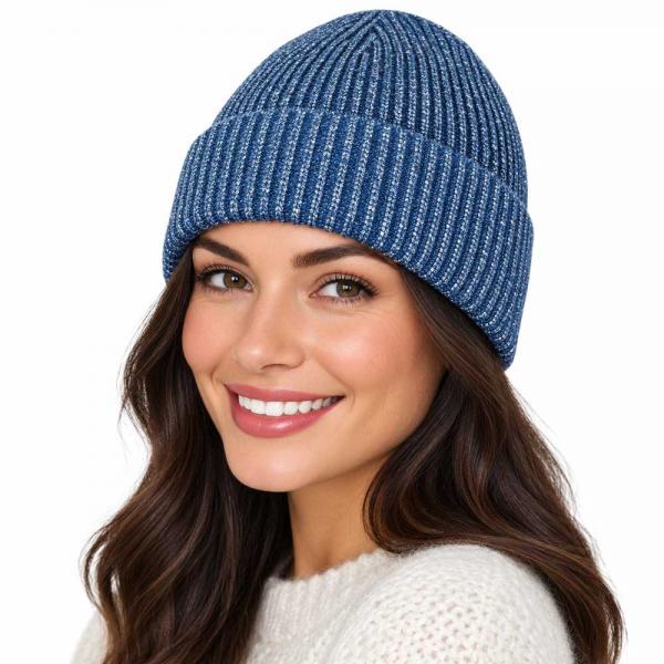 wholesale 3114 - Winter Hats 1094 - Blue<br>
Metallic Ribbed Beanie - One Size Fits Most
