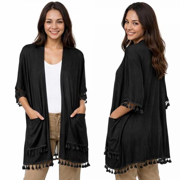 wholesale 9771 - Tasseled Kimono with Pockets  Black - 