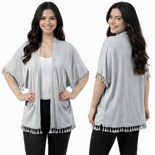 wholesale 9771 - Tasseled Kimono with Pockets  Silver - 