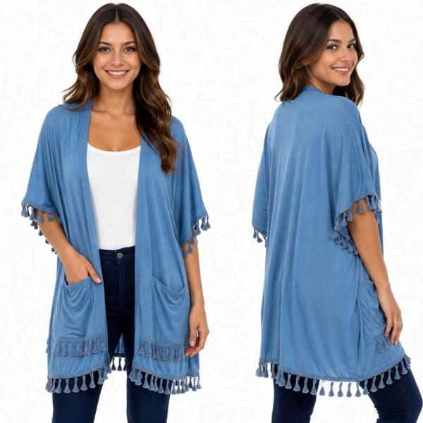 wholesale 9771 - Tasseled Kimono with Pockets  Blue - 