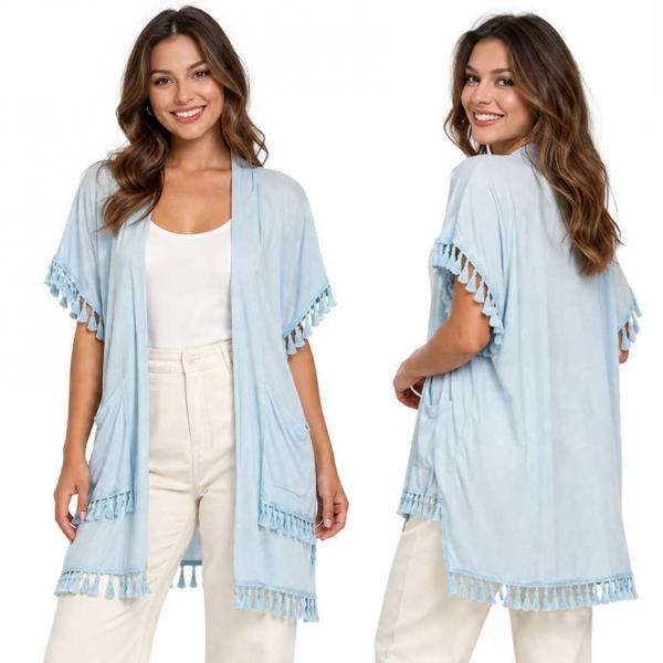 wholesale 9771 - Tasseled Kimono with Pockets  Light Blue - 