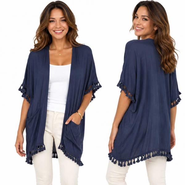 wholesale 9771 - Tasseled Kimono with Pockets  Navy  - 