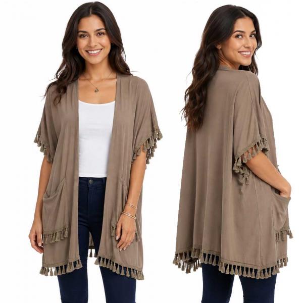 wholesale 9771 - Tasseled Kimono with Pockets  Taupe - 