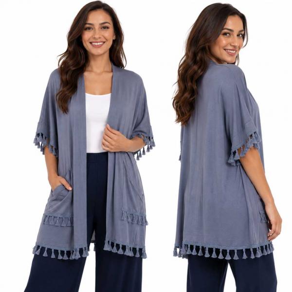 wholesale 9771 - Tasseled Kimono with Pockets  Dusty Blue - 