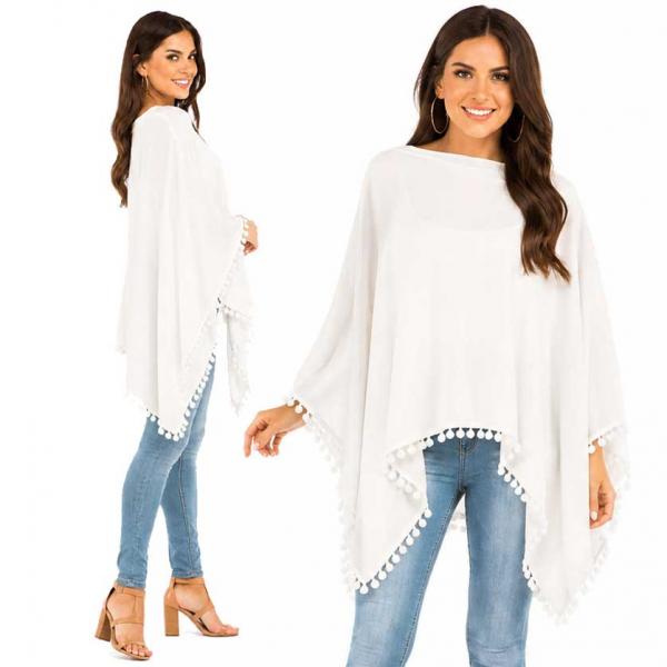 wholesale 9442 - Pom Pom Ponchos  White  - 