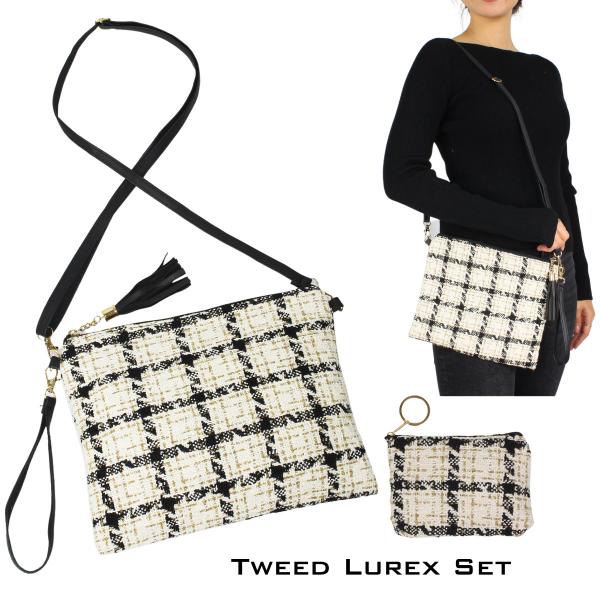wholesale Crossbody Bags & Coin Purses  9727 TWEED LUREX IVORY/BLACK Crossbody Bag and Coin Purse 2 Pc. Set  - 