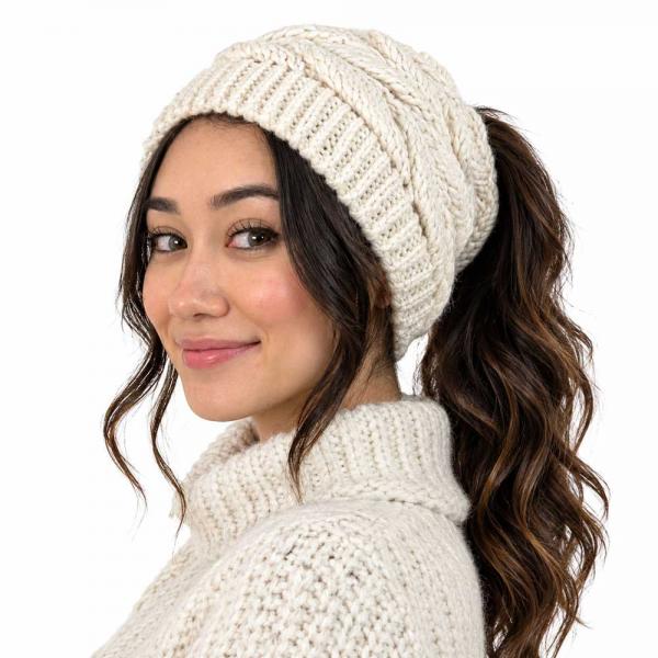 9167 - Knitted Ponytail Beanie Hats Ivory<br>
Messy Bun Knitted Hat - 