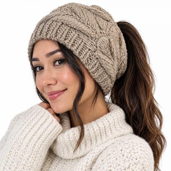9167 - Knitted Ponytail Beanie Hats Taupe <br>
Messy Bun Knitted Hat - 