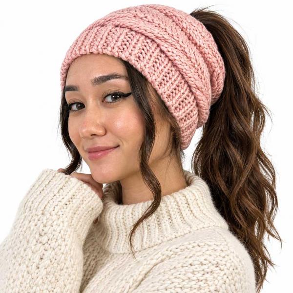 9167 - Knitted Ponytail Beanie Hats Pink 9167<br>
Messy Bun Knitted Hat - 