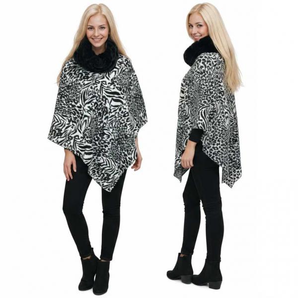 wholesale 3149 - Animal Print Ponchos with Faux Fur Collar 9395 Animal Print White - 