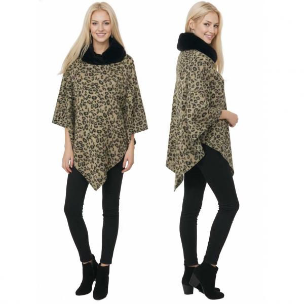 wholesale 3149 - Animal Print Ponchos with Faux Fur Collar 9396 Leopard Print Taupe - 