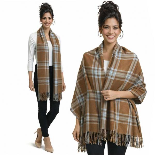 Wholesale 3170 - Plaid Cashmere Blend Shawls #25 - Camel/Pale Blue/Cream - 28