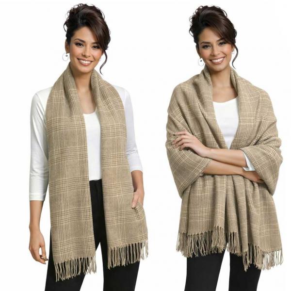 3170 - Plaid Cashmere Blend Shawls #29- Taupe/Camel/Peach - 28