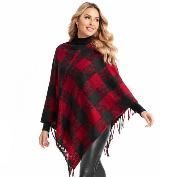 wholesale 9575 - Buffalo Check Poncho Red/Black - 
