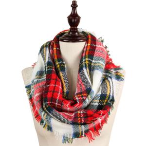 Matching Pieces for Autumn and Winter 3178 Tartan Plaid White - 8435 Woven Infinity Scarf - Infinity Scarves - Woven Plaid