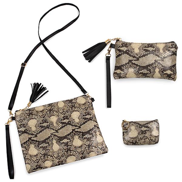 Wholesale Matching Pieces for Autumn and Winter 3178 9380 VINYL PYTHON BEIGE -  Crossbody Bag, Wristlet, & Coin Purse - Vinyl/Suede Crossbody Bags, Wristlets+Coin Purses