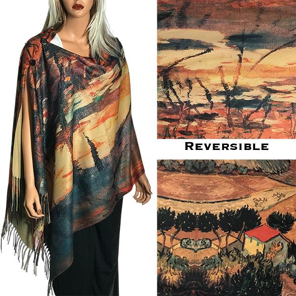 wholesale 3180 - Sueded Art Design Button Shawls/Ponchos  Reversible #R-13 Suede Cloth<br>
Brown Wooden Buttons  - 