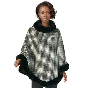 LC12 - Poncho with Faux Rabbit Fur Trim  LC12 - Houndstooth Poncho<br> w/ Black Fur - One Size Fits Most