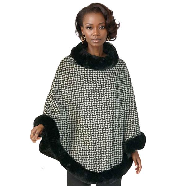 wholesale LC12 - Poncho with Faux Rabbit Fur Trim  LC12 - Houndstooth Poncho<br> w/ Black Fur - One Size Fits Most