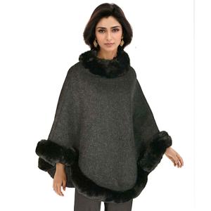 LC12 - Poncho with Faux Rabbit Fur Trim  LC12 - Solid Black Poncho<br>
w/Black Fur - One Size Fits Most