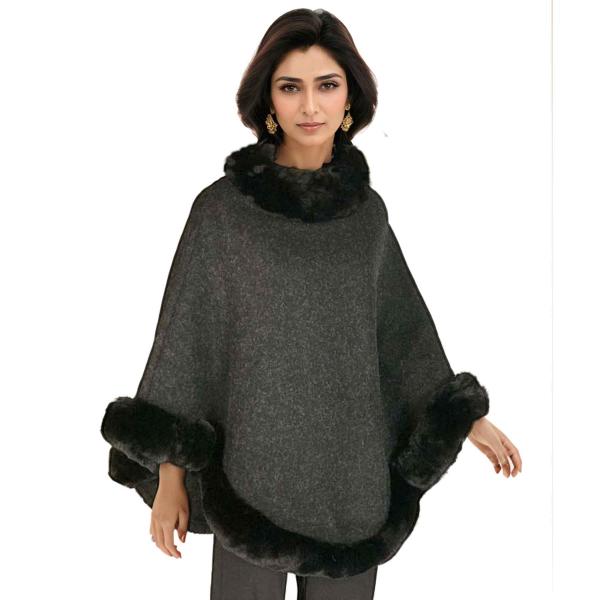 wholesale LC12 - Poncho with Faux Rabbit Fur Trim  LC12 - Solid Black Poncho<br>
w/Black Fur - One Size Fits Most