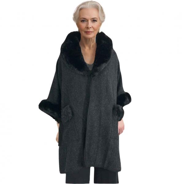 wholesale Cloaks - Faux Rabbit Fur Trim w/ Pockets LC13 Black - Black Fur #1 <BR> Cloak with Faux Rabbit Fur Trim - 