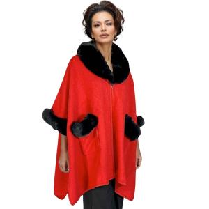 Cloaks - Faux Rabbit Fur Trim w/ Pockets LC13 Red - Black Fur #6 <BR> Cloak with Faux Rabbit Fur Trim - 