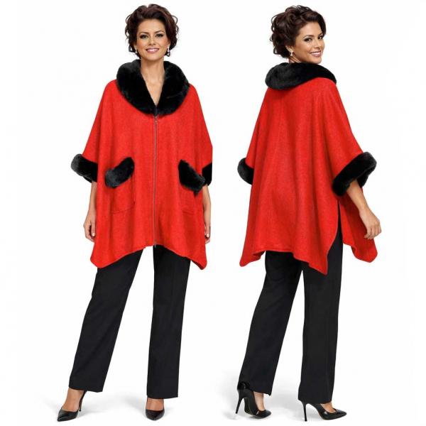 wholesale Cloaks - Faux Rabbit Fur Trim w/ Pockets LC13 Red - Black Fur #6 <BR> Cloak with Faux Rabbit Fur Trim - 
