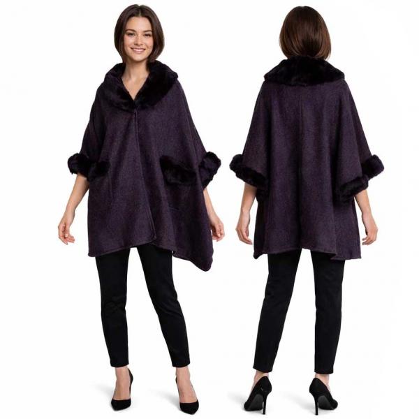 wholesale Cloaks - Faux Rabbit Fur Trim w/ Pockets LC13 Plum - Plum Fur  - 