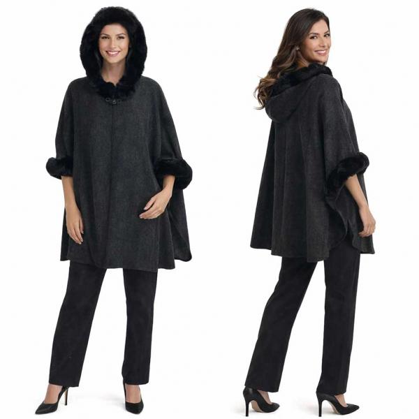 wholesale LC14 - Hooded Faux Rabbit Fur Trimmed Cloak  LC14 - #1 Black - One Size Fits Most