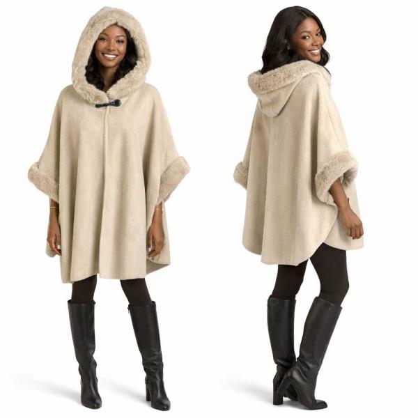 wholesale LC14 - Hooded Faux Rabbit Fur Trimmed Cloak  LC14 - #2 Cream-Latte  - One Size Fits Most