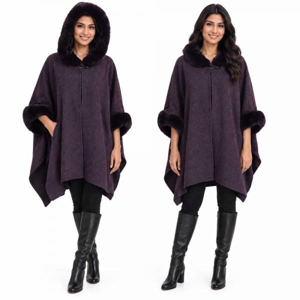 wholesale LC14 - Hooded Faux Rabbit Fur Trimmed Cloak  LC14 - #4 Plum-Dark Plum - One Size Fits Most