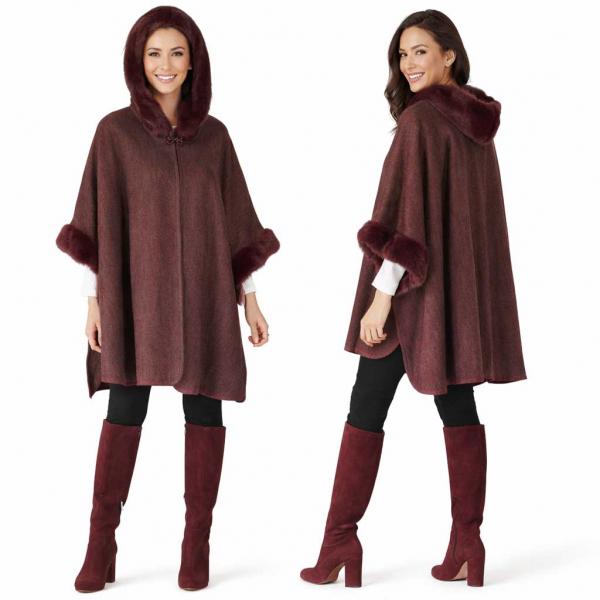 wholesale LC14 - Hooded Faux Rabbit Fur Trimmed Cloak  LC14 - #6 Dark Burgundy  - One Size Fits Most
