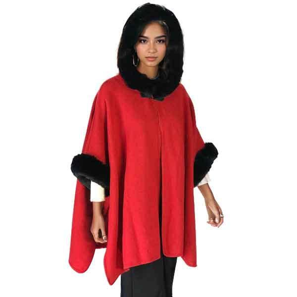 wholesale Cloaks - Hooded Faux Rabbit w/ Buckle Clasp LC14 LC14 - #6 Red-Black - One Size Fits Most