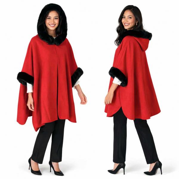 wholesale LC14 - Hooded Faux Rabbit Fur Trimmed Cloak  LC14 - #6 Red-Black - One Size Fits Most