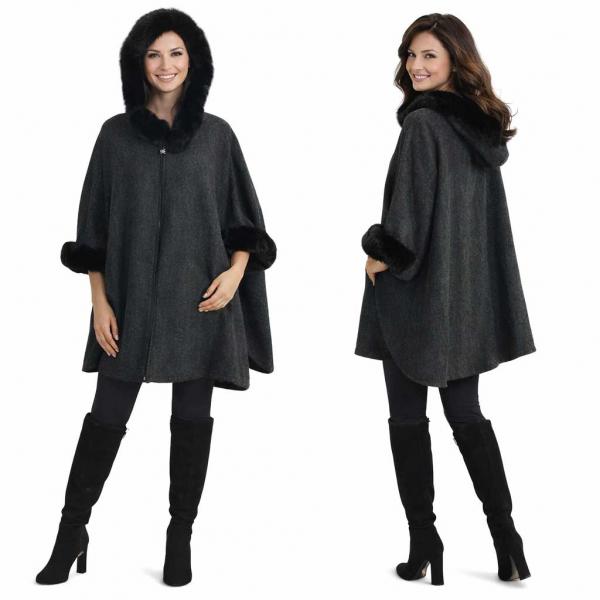 wholesale LC14 - Hooded Faux Rabbit Fur Trimmed Cloak  LC14 - #1 Heathered Black - One Size Fits Most